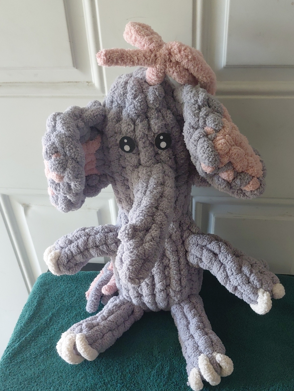 Plush Hand-Knit Elephant Stuffed Toy in Gray and Pale Pink
